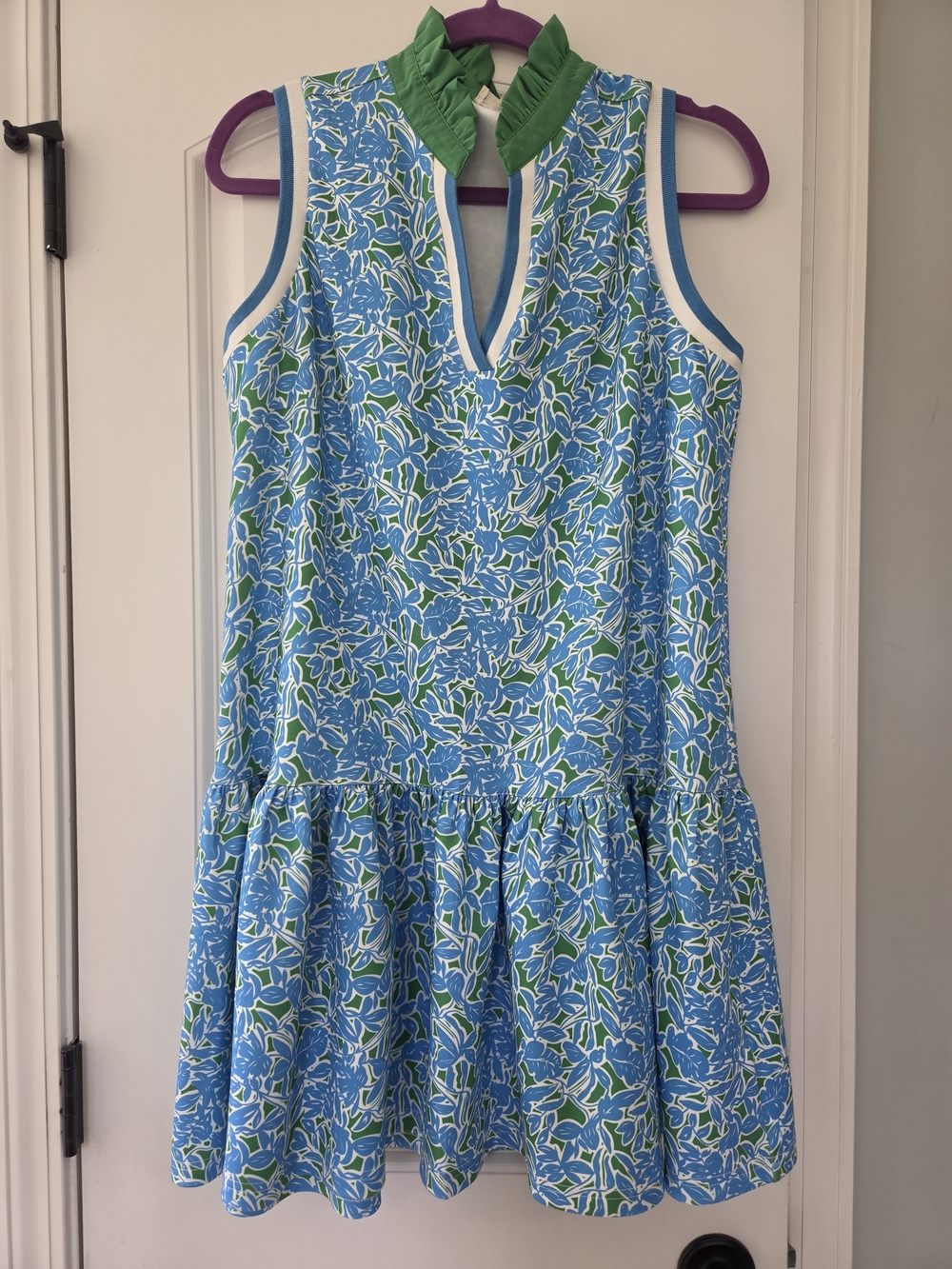 Umgee Blue Green Floral Ruffle Neck Drop Waist Mini Dress Small